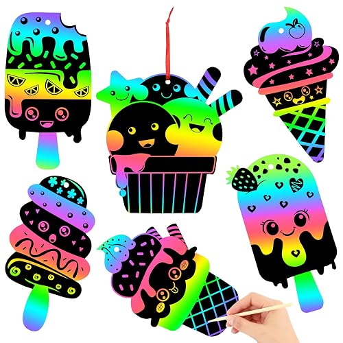 JULMELON 36 PCS Summer Crafts, Rainbow Scratch Art Summer Gifts