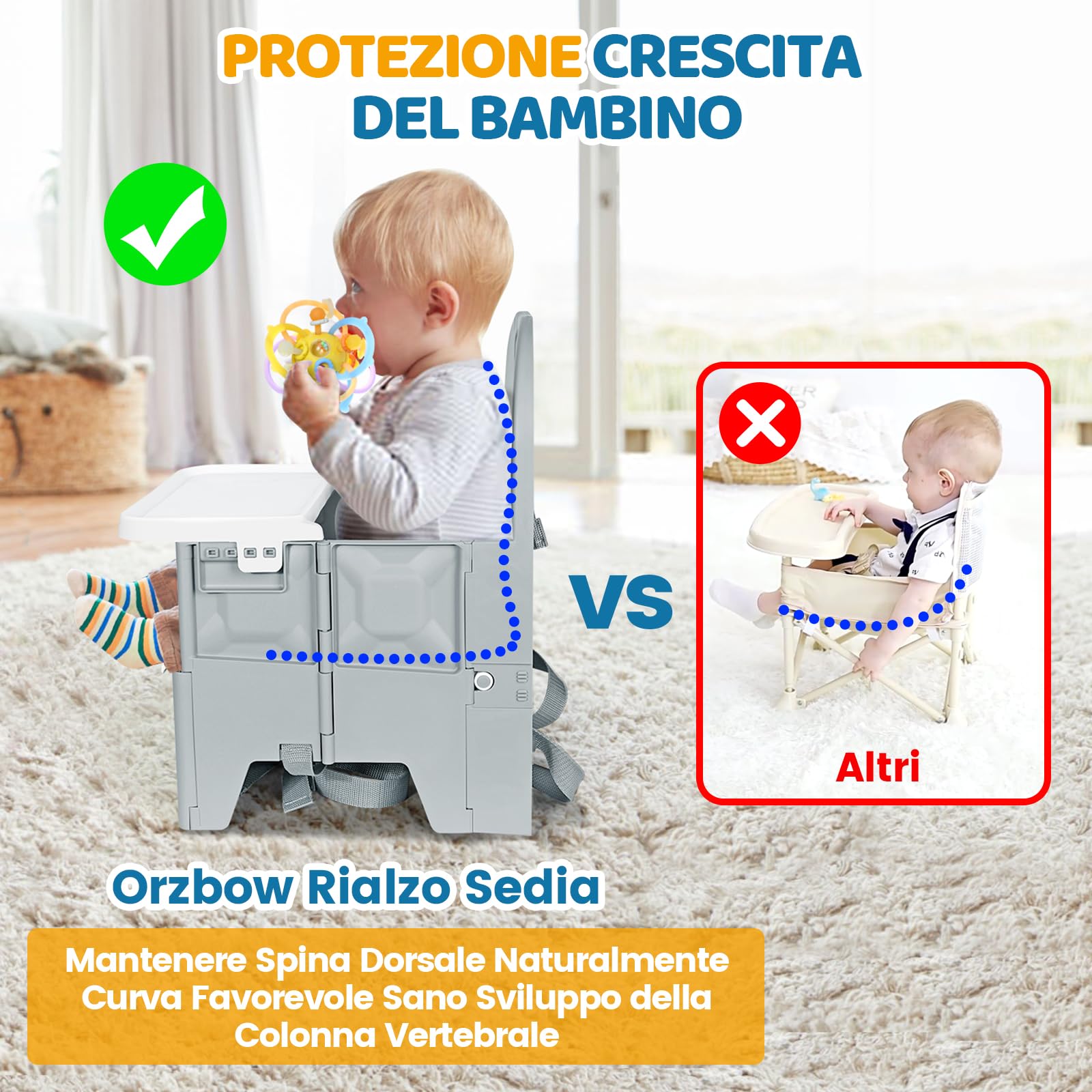 Orzbow Sedia pieghevole per bambini, stabile seggiolone da viaggio con vassoio rimovibile, materiale ABS e struttura stabile, sedia da campeggio portatile per bambini da 6 mesi a 3 anni, 15 kg, grigio