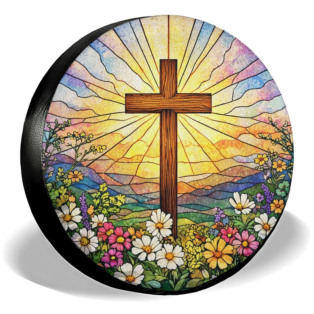 GENANY Stained Glass Cross Spare Tire Cover for RV Trailer, Waterproof, No Camera Hole, Size 14 Fits 24-26 Inch