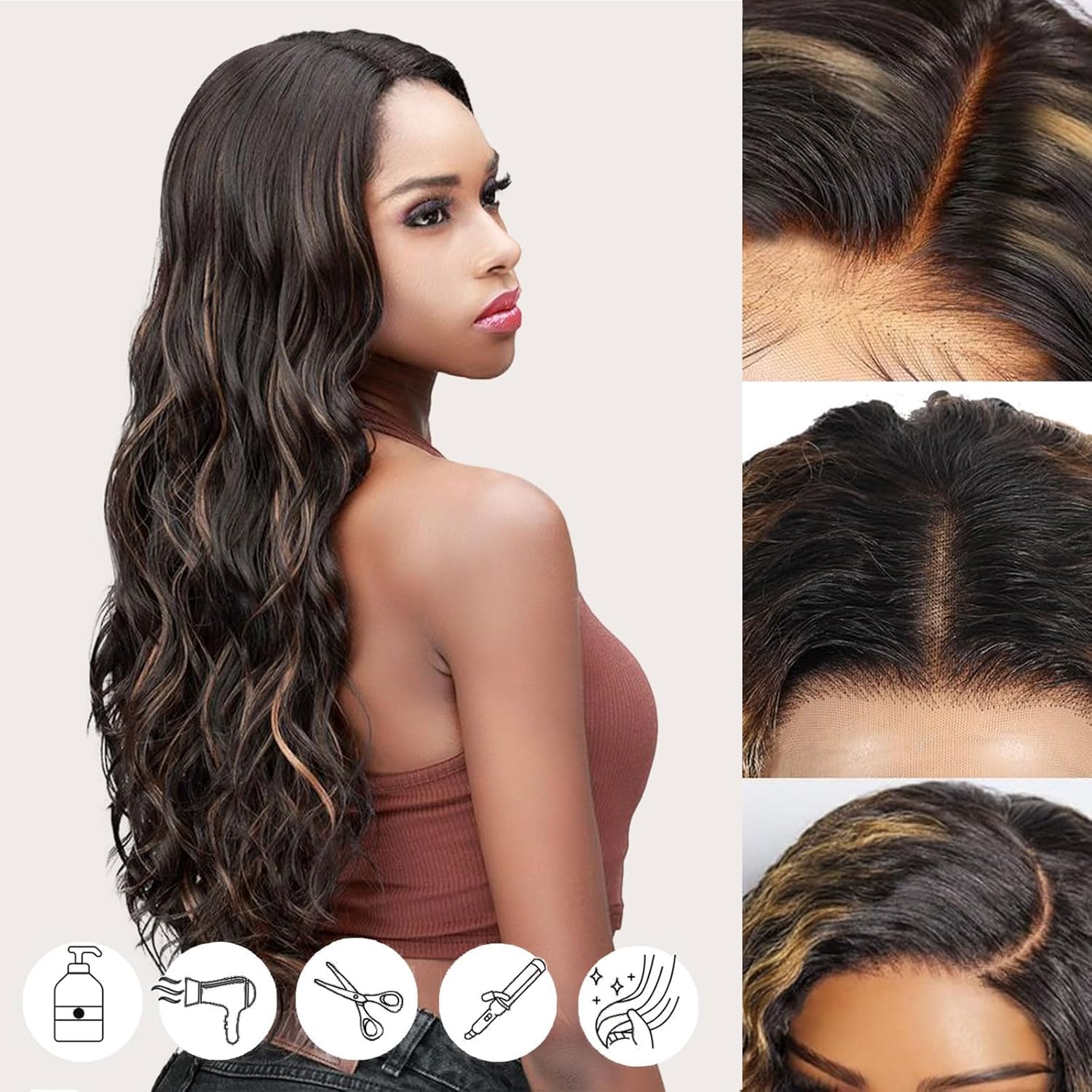 13x6 Lace Front Wigs Human Hair Balayage Highlight Ombre Body Wave Lace Front Wigs Human Hair Pre Plucked 180% Density HD Lace Glueless Wigs for Black Women 18 Inch FS1B/30