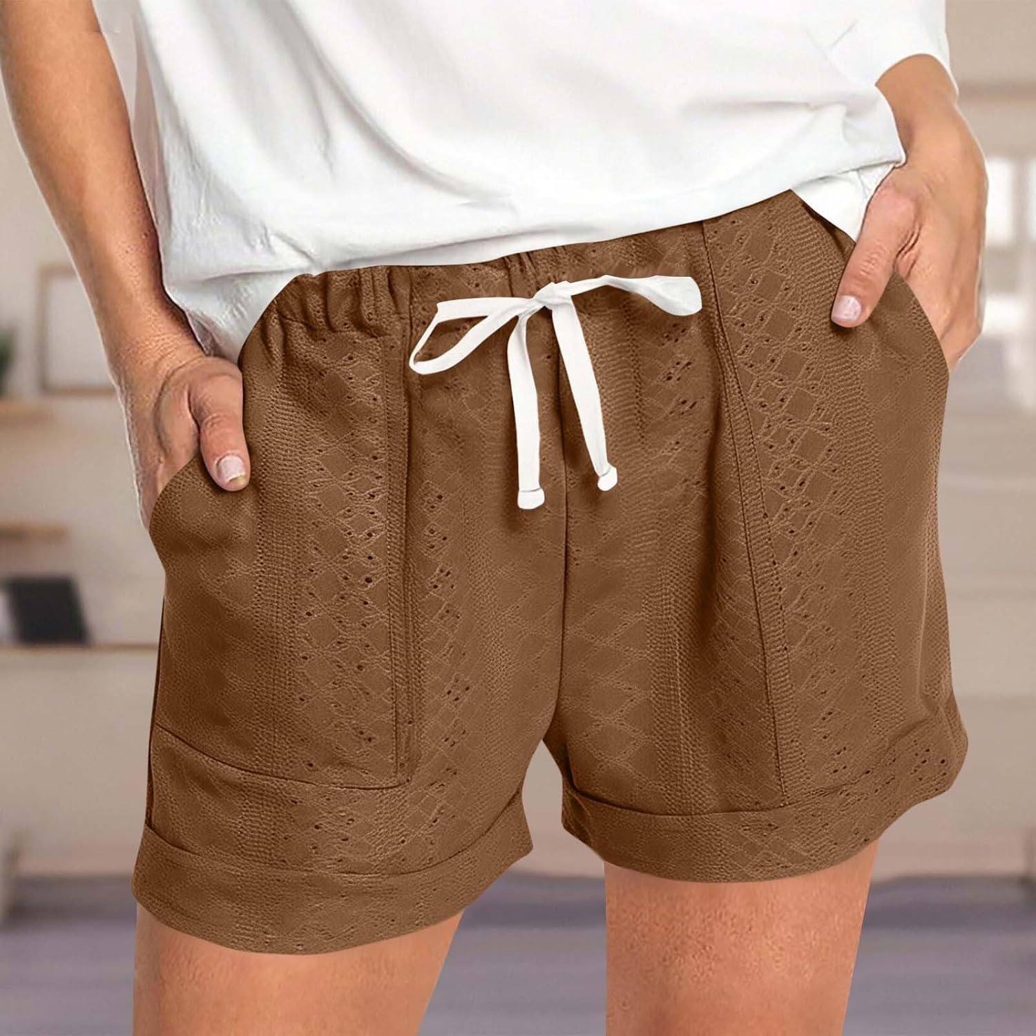 Casual Shorts for Women Summer Trendy Comfy Soft Drawstring High Waist Eyelet Shorts Loose Lightweight Short Pants