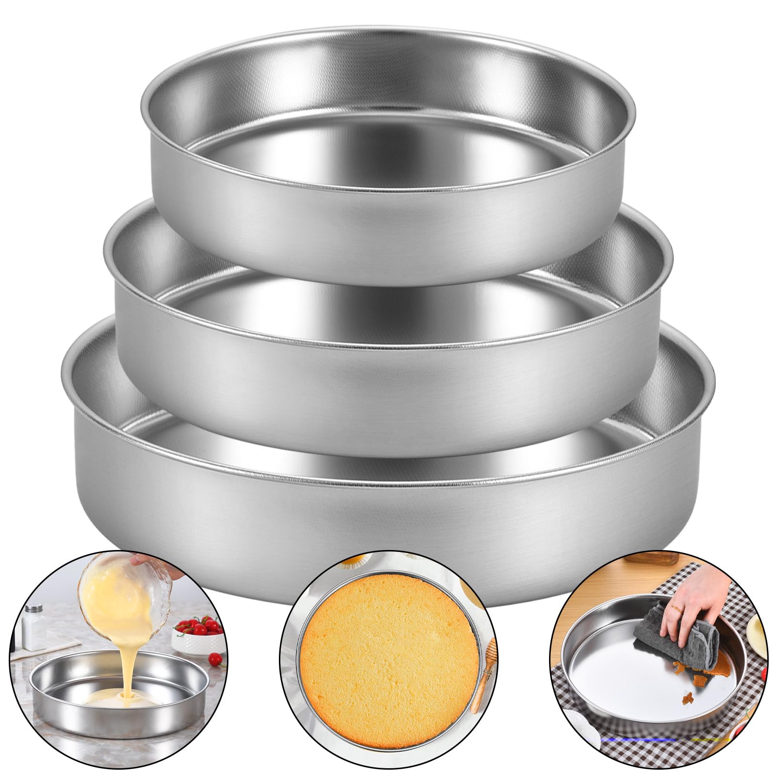 Inqibee Round Stainless Steel Cake Pans Set of 3 (8 inch / 9½ inch / 11 inch), Layer Cake Baking Pan, Perfect for Birthday Wedding Tier Cake, Physics Anti-Stick, Non-Toxic, Dishwasher Safe