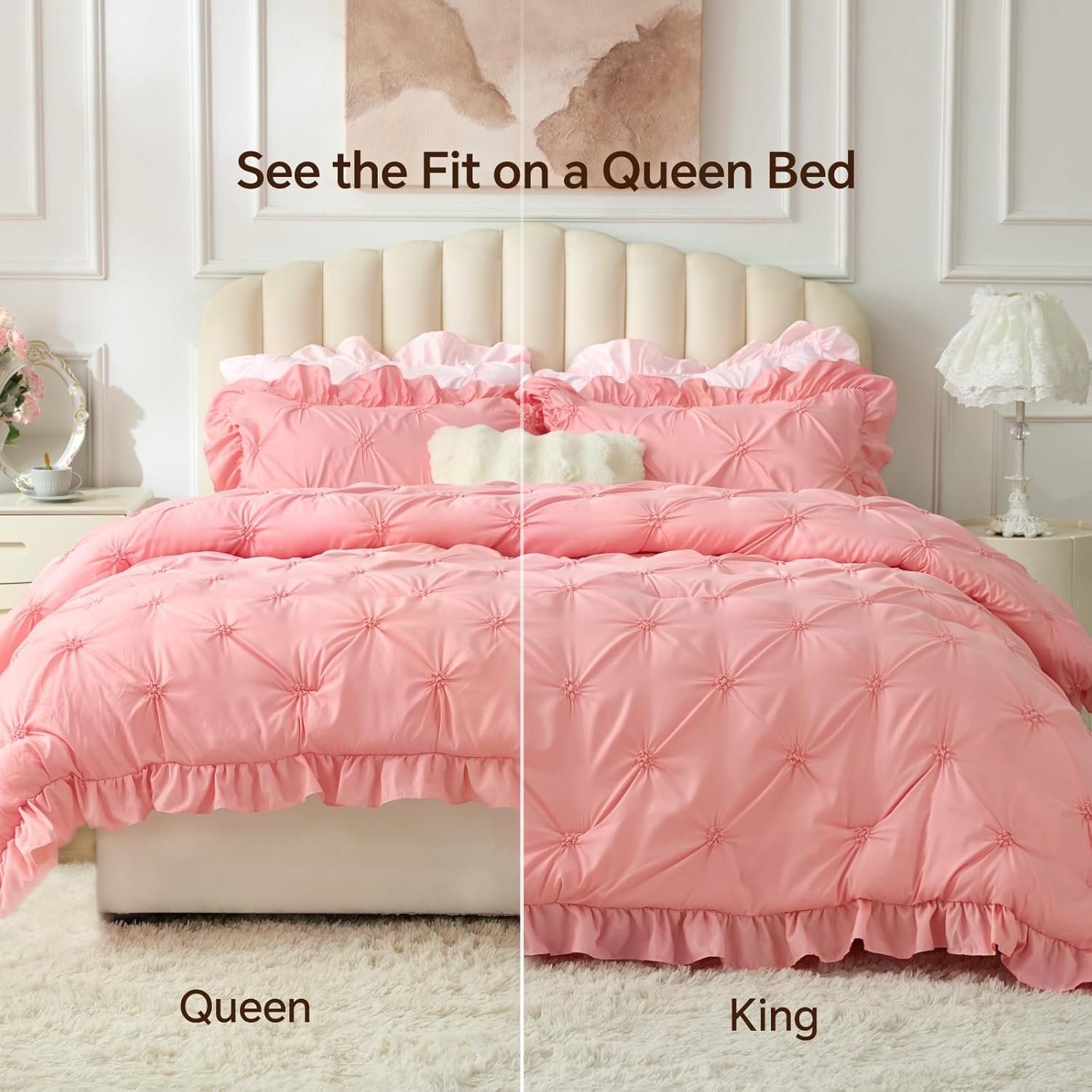 BEDELITE Pink Comforter Set Queen - 3 Pieces Boho Ruffle Pintuck Bedding Comforter Sets, Lightweight Soft & Warm Bed Comforter with 2 Pillowcases for Spring,Valentines Day Gift
