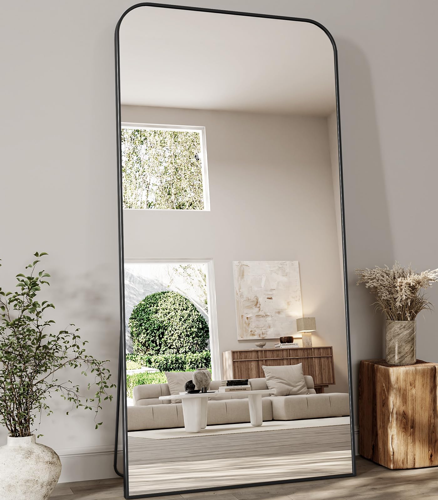 Koonmi Full Length Mirror, 78"x35" Mirror Full Length with Stand, Black Domed Top Square-Edged Floor Mirror with Aluminum Alloy Frame for Bedroom Living Room