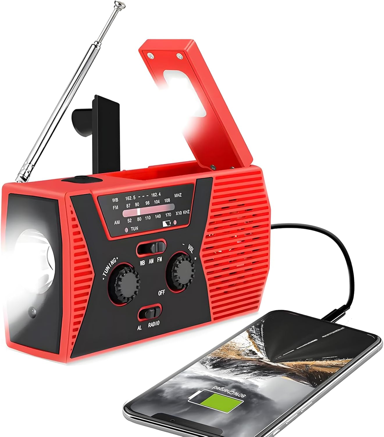 Emergency Radio, LED Flashlight Hand Crank Radio, Portable Mini AM/FM NOAA Weather Radio with Reading Lamp, Power Bank,USB Mobilephone Charger and SOS Alarm