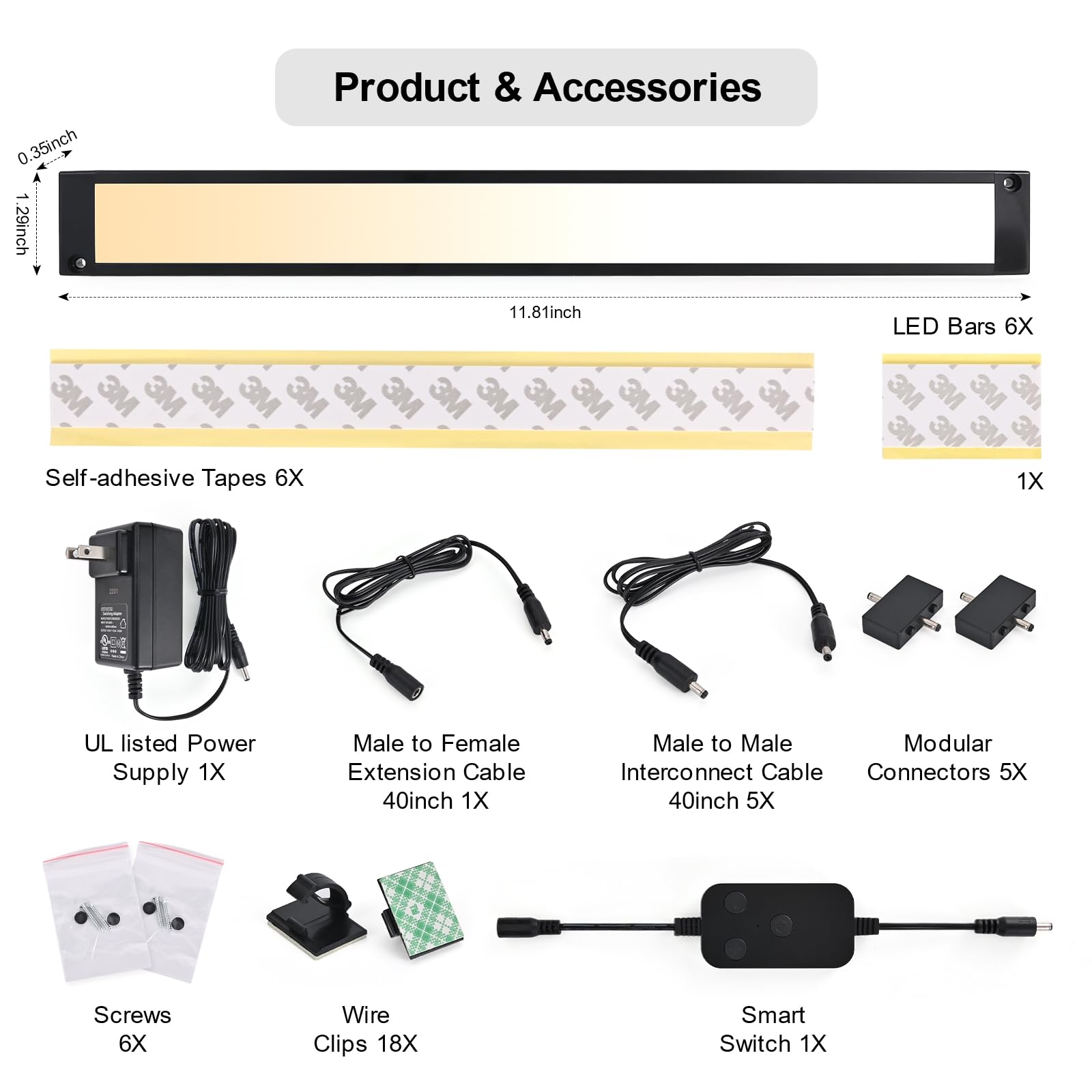 BLESSINGLUX 6pack 12inch Dimmable LED Under Cabinet Light Kit, 2700K to 6000K Smart LED Under Counter Lighting Fixture, Compatible with Alexa, Google Assistant, for Kitchen, Pantry, Shelf (Black)