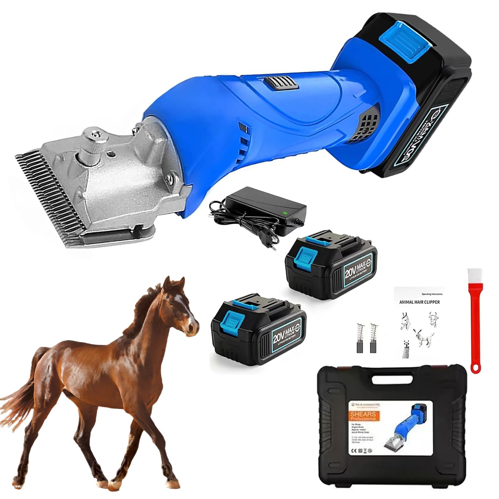 Cortapelos Eléctricos para Caballos, Tijeras Equinas Inalámbricas 2500r/min con 2 Baterías, Cuchilla Desmontable Ajustable de 6 Velocidades, Recortadora Equina Profesional de Pelo de Caballo para