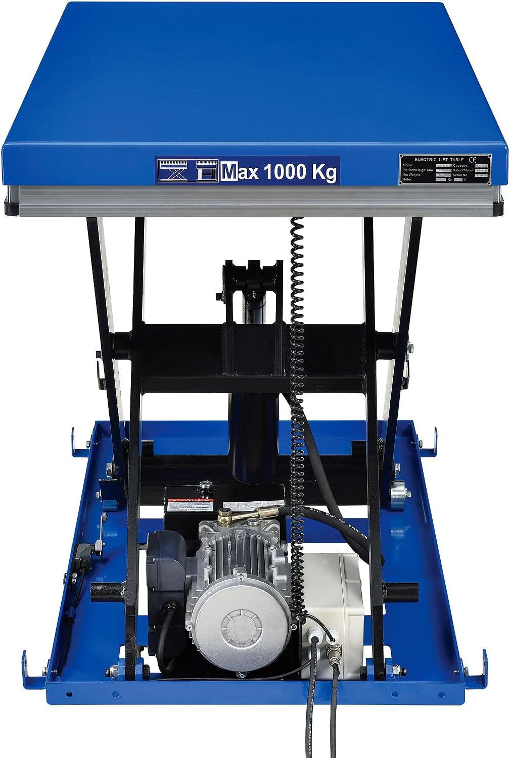 Front view of the Global Industrial Power Scissor Lift Table, showing the electric motor, hydraulic pump, and cylinder assembly beneath the blue platform.