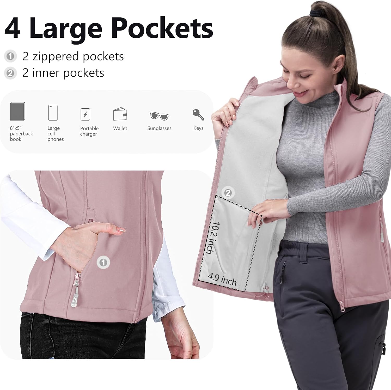 33,000ft Women's Running Vest Fleece Lined Zip Up Windproof Lightweight Softshell Vests Outerwear for Golf Hiking Sports - Image 3