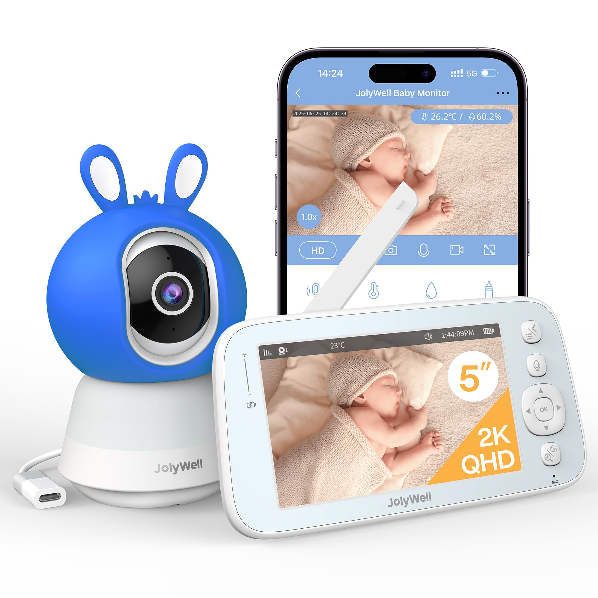 JolyWell Babyphone mit Kamera und App, 5 Zoll Baby Monitor IPS Display, Ultra-HD-Nachtsicht, Bewegungs/Weinen Alarm, Temperatur und Feuchtigkeitsmessung, Nachtlichter und Schlaflieder