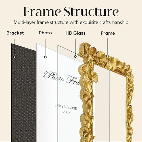 Miniatura 5 de Marco de fotos de 5 x 7 pulgadas, textura de hojas ornamentadas doradas, resina hecha a mano con frente de vidrio, marco de fotos antiguo para