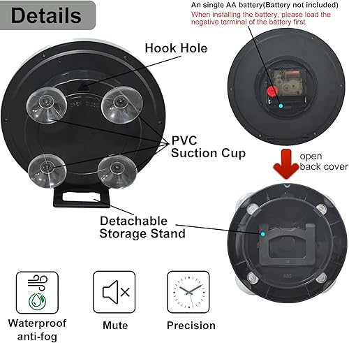 Miniatura 9 de Reloj de pared digital impermeable para baño, reloj de pared interior con ventosa, marco de plástico, opción flexible para colgar o estar de pie,