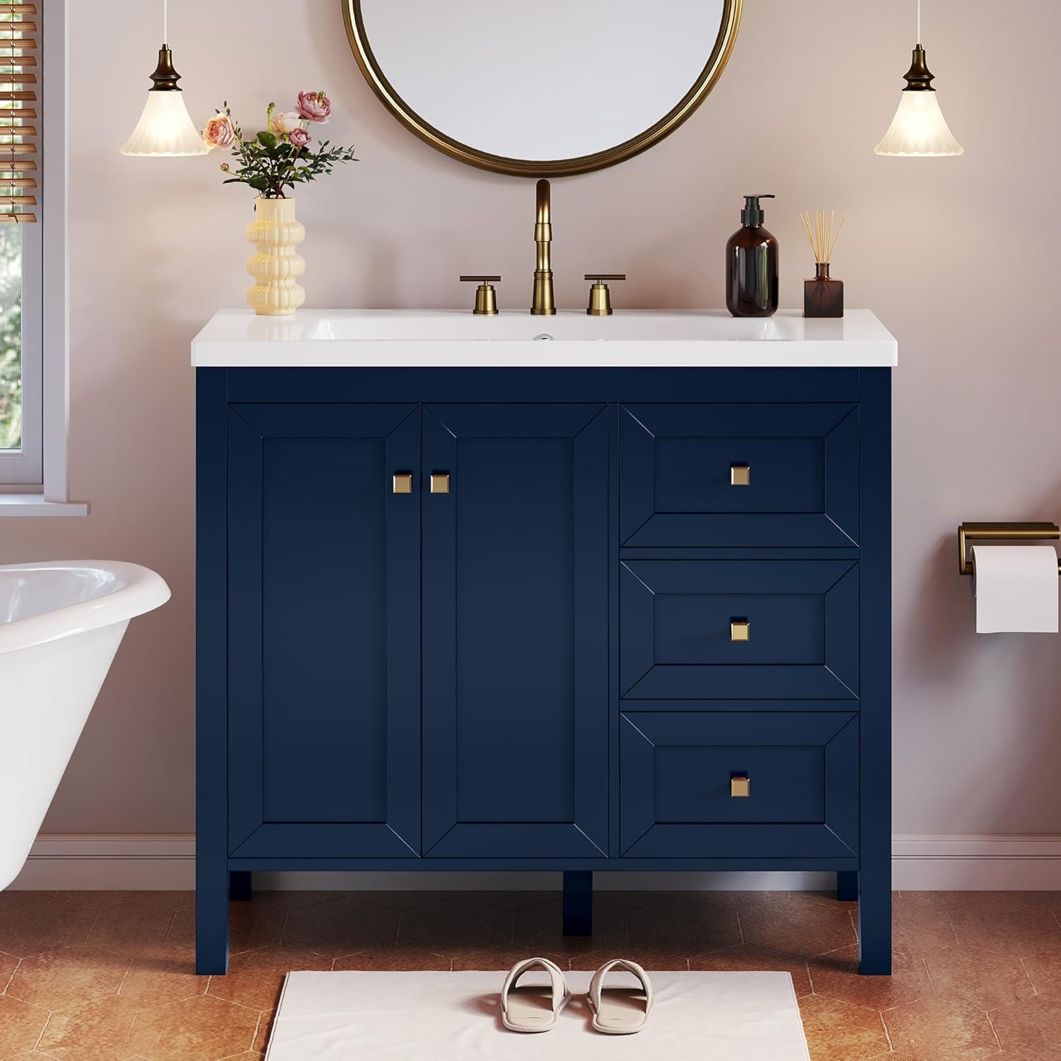 yitahome 36" bathroom vanity with sink set, vintage bathroom cabinet vanity with resin basin, extra large storage with 2 soft-closing doors & 3 drawers, navy blue 36 inch navy blue