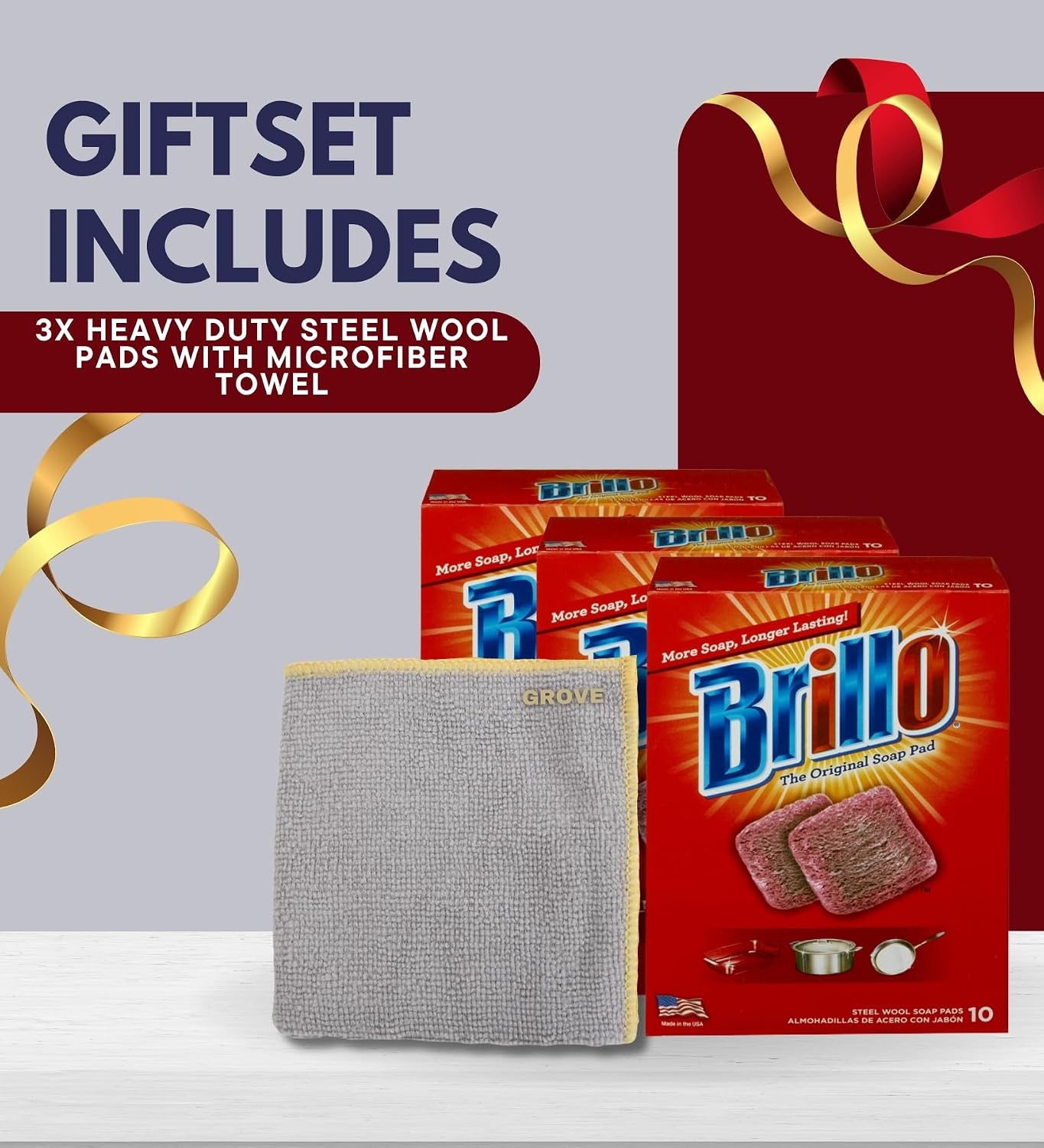 Brillo Heavy Duty Steel Wool Pads 10 pc Bundle with Microfiber Cloth - Tough Grease and Grime Remover - Steel Wool Soap Pads for Heavy Duty Cleaning Tasks - Multi-Purpose Steel Wool Pads - (4 Items)
