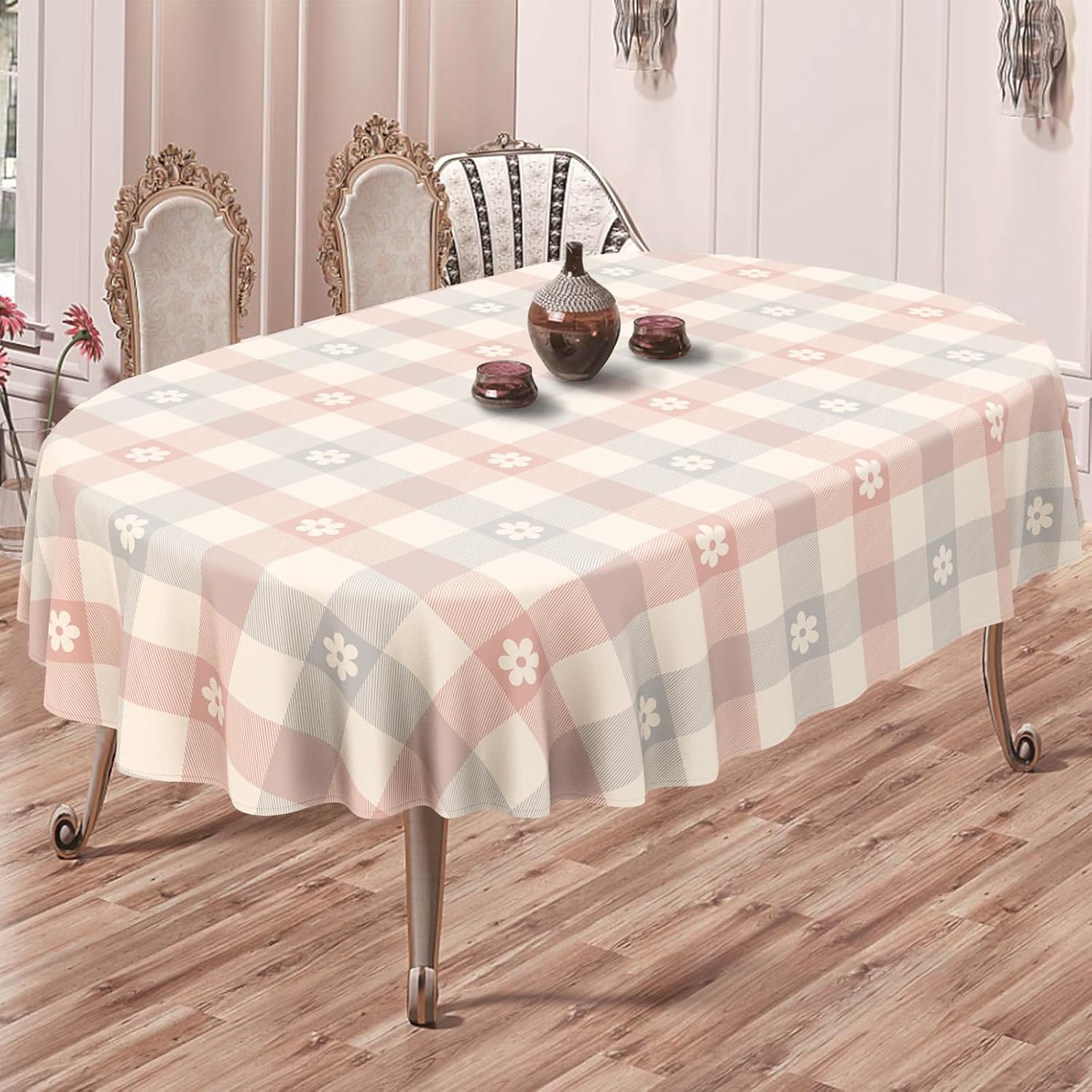 Plaid Oval Tablecloth Farmhouse 60"x84" Waterproof Table Cloth Washable Fabric Table Cover for Indoor/Outdoor Home Kitchen Dinner Decor image 4
