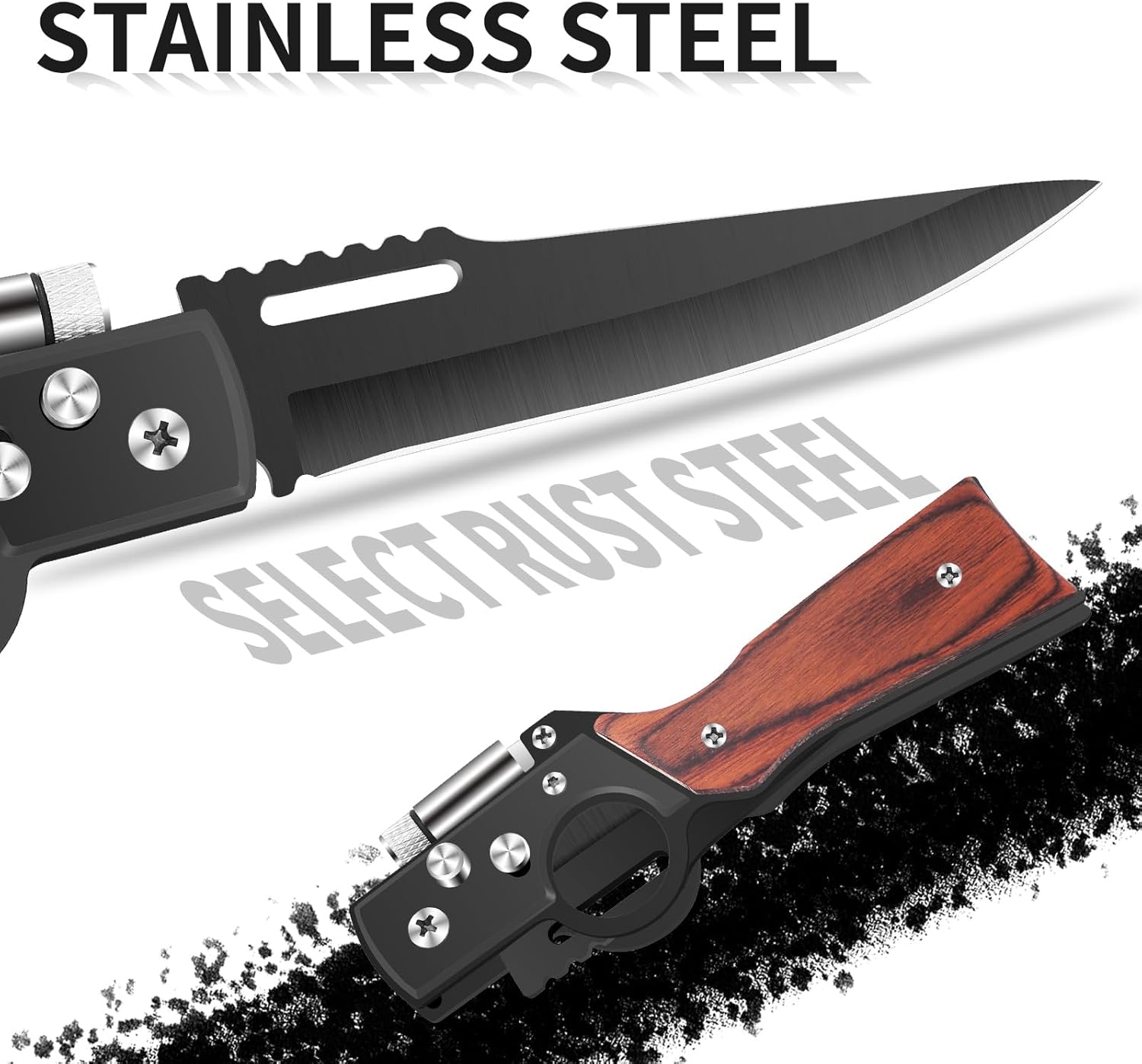 AK47 Style Tactical Folding Pocket Knife（Black） 6-Pack – Bulk Set with LED Light, Wood Handle, Laser Engraving Ready, Best Man Gifts, Outdoor Camping Hiking Gear for Groups (6)
