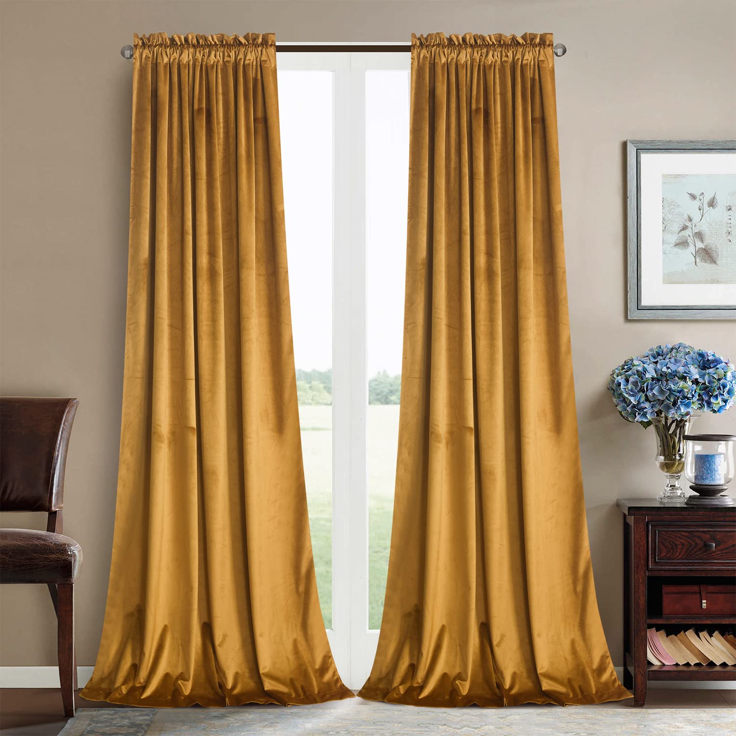 Roslynwood Velvet Mustard Curtain 120 inches Extra Long - Curtains Block Light Rod Pocket Thermal Insulated Window Drapes Set for Living Room/Bedroom/Dining Room, W52 x L120, 2 Panels