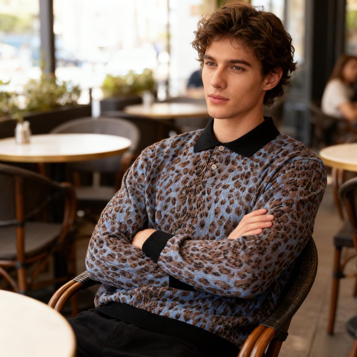 Men's Y2k Leopard Print Sweater Casual Button Oversized Cheetah Jumper Long Sleeve Polo Sweater Pullover for Men