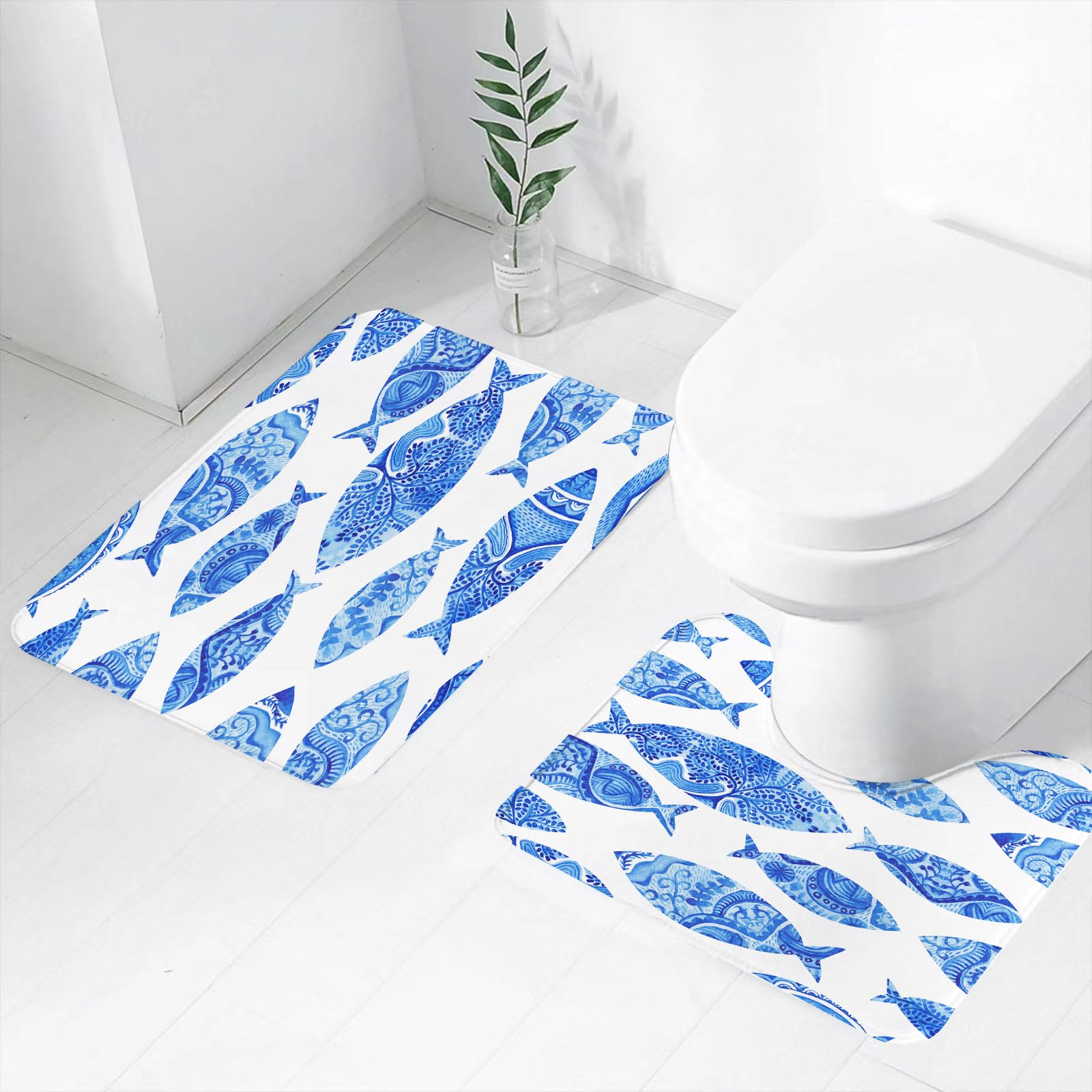 Set di 2 tappetini da Bagno, Lavabili in Lavatrice e Antiscivolo, in Morbida Fibra Superfine, con Mosaico Decorato Anti-ottomano (2)