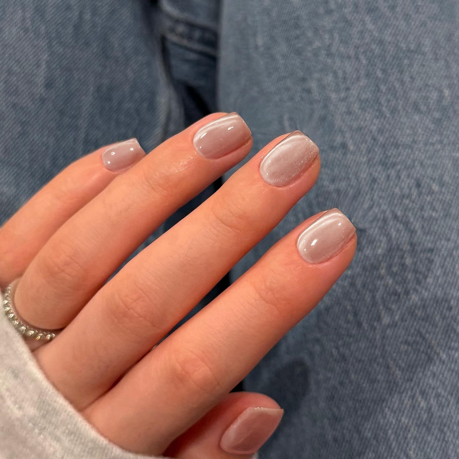 KQueenest Cat Eye Press on Nails Short Square, Glazed Glitter Nude False Nails Short Coffin - Image 2