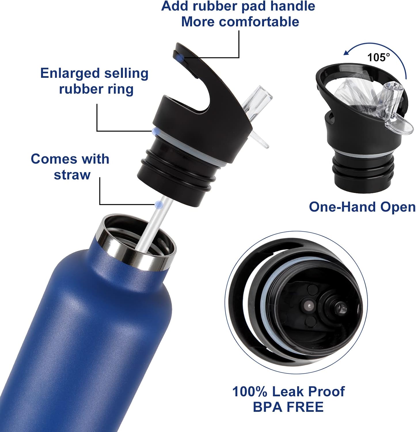 Neihepal 24oz Insulated Water Bottles Bulk 8 Pack,Stainless Steel Double Wall Sport Bottle with Straw Lid,Metal Reusable Thermoses Cup with Hand Cap for School,Cyclists,Hikers,Gift (Navy,Set of 8) - Image 4