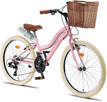 Retro Classic 24 Jant Bisiklet, Shimano 21 Vites, Hasır Sepetli Vintage Şehir Bisikleti, Krem Lastik