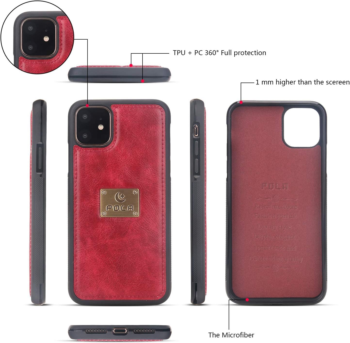 iPhone 11 Wallet Case, XRPow 2-in-1 Multi-Functional Magnetic Detachable Wallet Zipper Purse Clutch Slim Shock Cover Flip Credit Card Protective Case [Wrist Strap] for iPhone 11 6.1Inch - Red