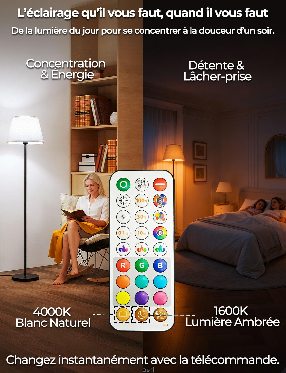 Lampadaire LED sur Pied Salon avec Variateur RGB, Double commande par Télécommande et interrupteur au pied, 9 couleurs + 6 modes Dynamiques, 152CM Moderne& 1200LM Ampoule, CRI92,pour Chambre et Bureau