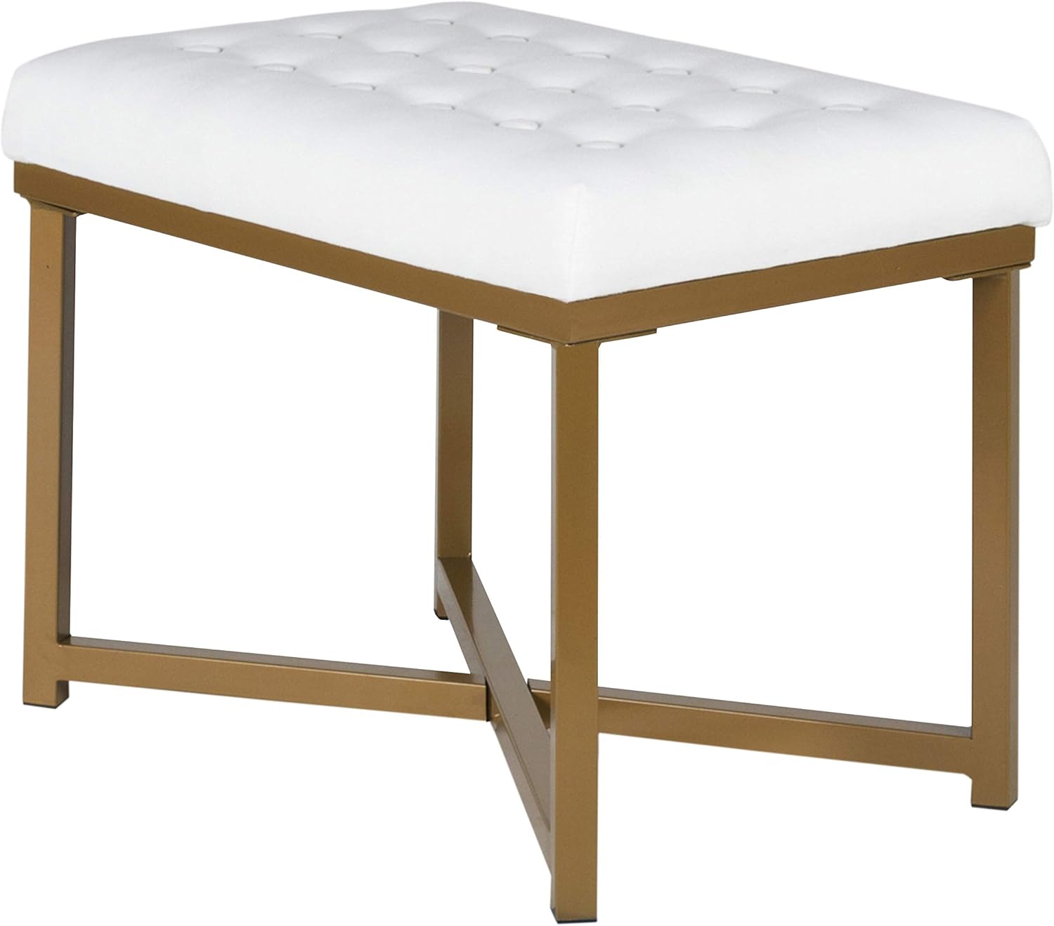 Metal Framed Bench with Button Tufted Velvet Upholstered Seat, White and Gold Accent Entryway Seating, Modern Upholstered Bench for Bedroom or Hallway, Sturdy Steel Frame with Soft