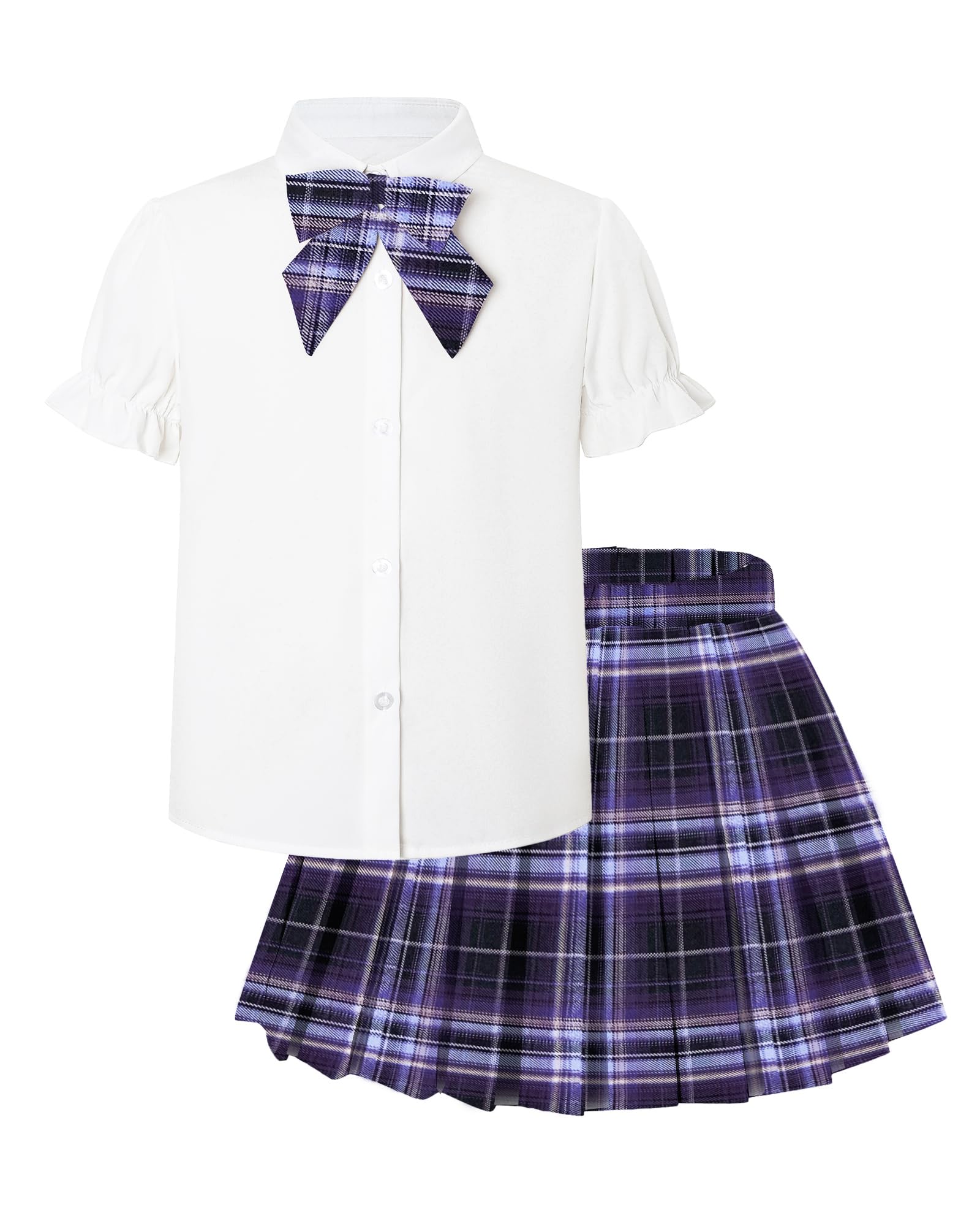 Betusline Girls JK Uniform Outfit, Shirt with Bow &amp; Pleated Skirt,4T-16Y