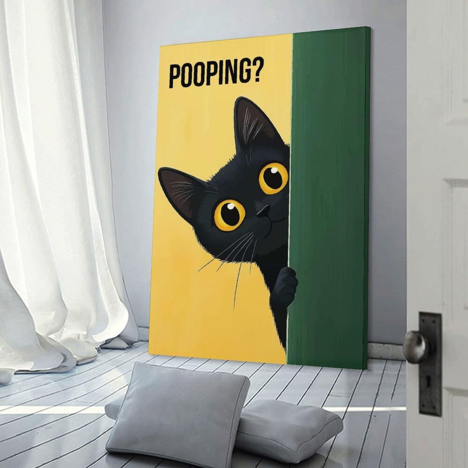 Junmoney Canvas Art Print Black Cat Peeking with Pooping Text, 24x36inch(60x90cm), for Calm Bedrooms, Home Corners Or Flats, A Warm Accent for Relaxed Interiors
