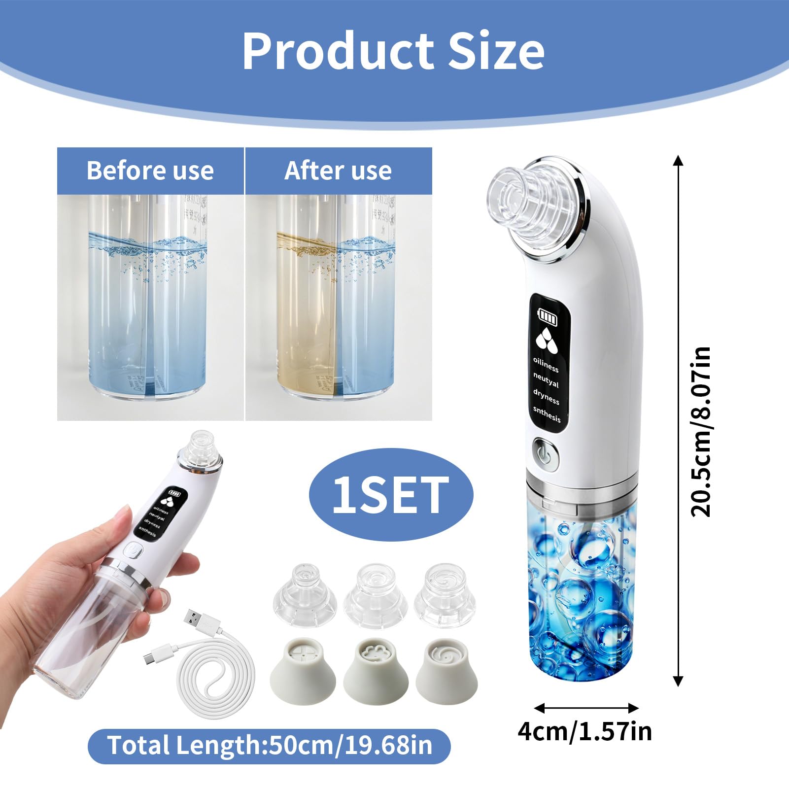 Succionador de Puntos Negros y Limpiador de Poros Facial Eléctrico, Extractor de Puntos Negros con 6 Cabezales y 3 Modos para Limpieza Profunda, Quita Puntos Negros y Acné, Recargable USB