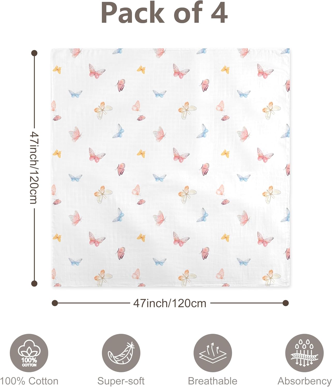 4-Pack 100% Cotton Muslin Swaddle Blankets, Large 47 x 47 Inches — Breathable Soft Receiving Blankets for Newborns, Swaddling Wraps, Baby Essentials, Registry Gift (Butterfly Floral Garden) - Image 4