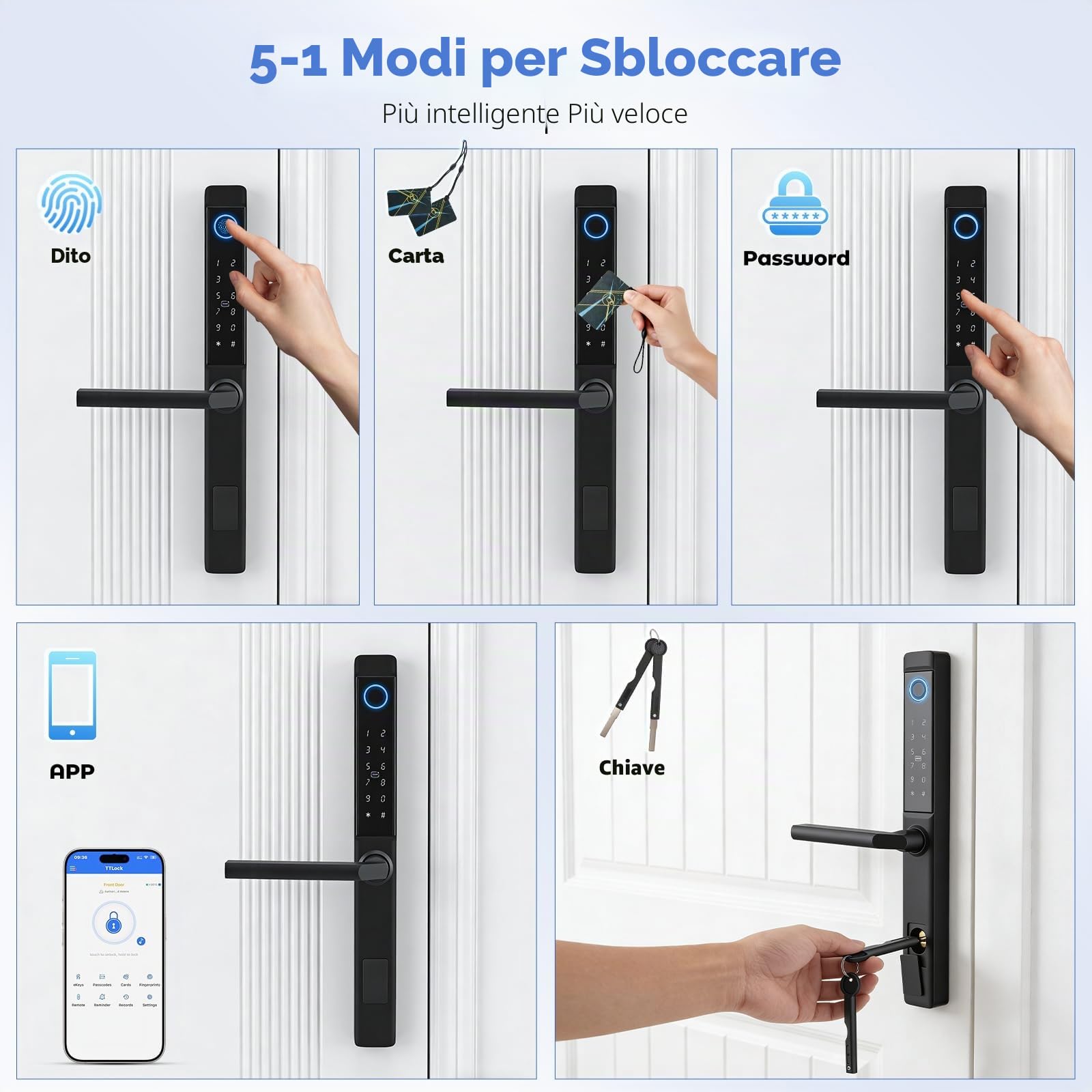 Serratura intelligente per porta con impronte digitali, serratura intelligente per porta di casa con maniglia e tastiera touch, sensore di impronte digitali a semiconduttore, RFID/APP/Codice