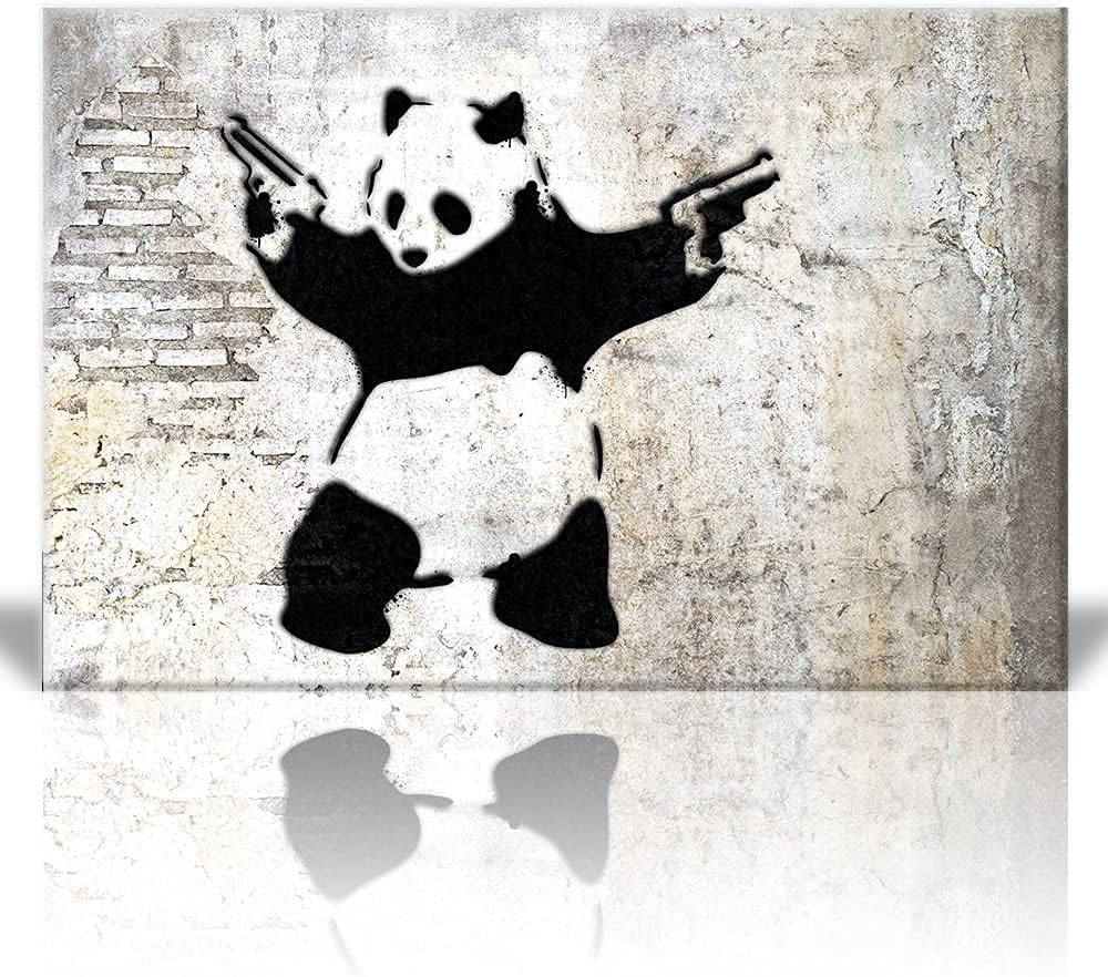 KALIKUS BANKSY PANDA WITH GUNS CANVAS WALL ART FRAMED 32