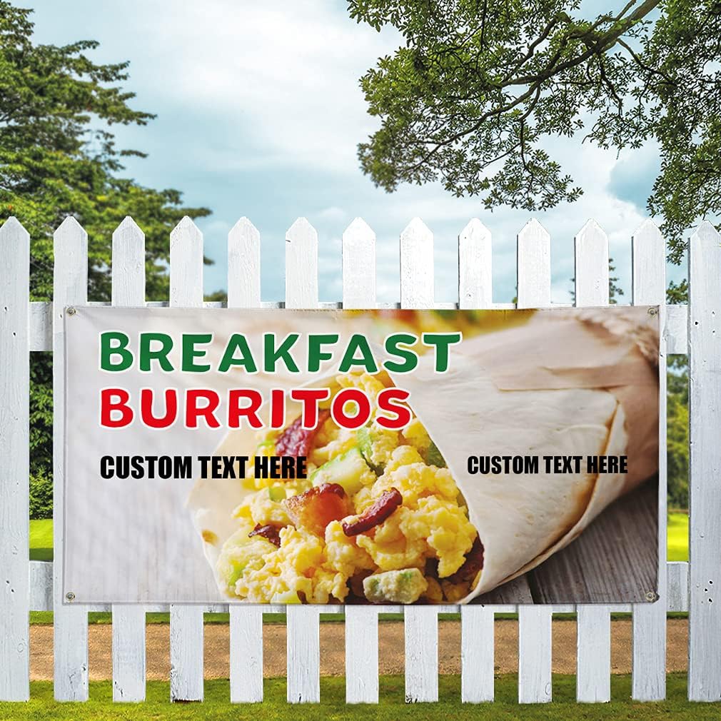 Custom Vinyl Banner Multiple Sizes Breakfast Burritos #3 Advertising Printing Bed and Breakfast Outdoor Weatherproof Industrial Yard Signs 4 Grommets Personalized Text Here 16x40Inches