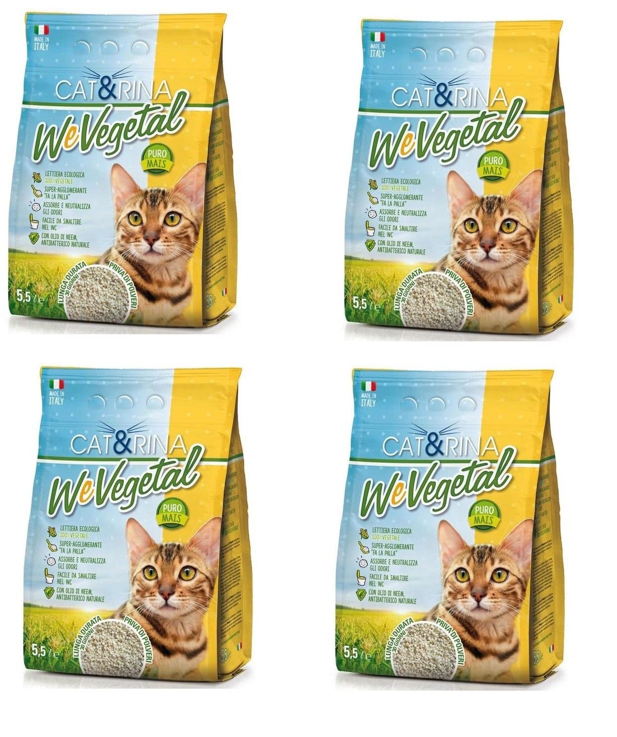 4 sacos de 5,5 l Cat&rina Wevegetal arena vegetal maíz aglomerante absorbente desechable en el inodoro para gatos