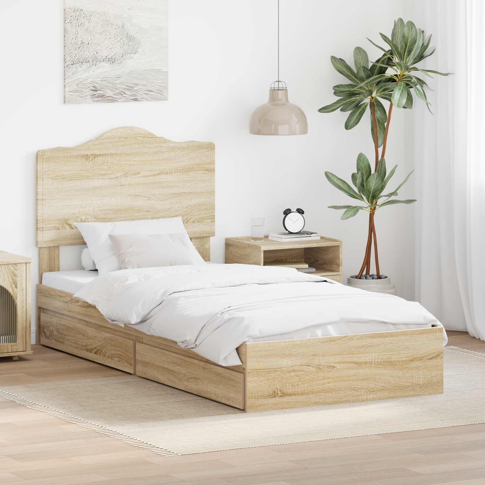 vidaXL Storage Bed with Drawer Sonoma Oak 90 x 190 cm Engineered Wood, Modern, Rectangular Bed Frame for Stylish Sleeping Space, Durable Engineered Wood Platform, Customized Width Solution