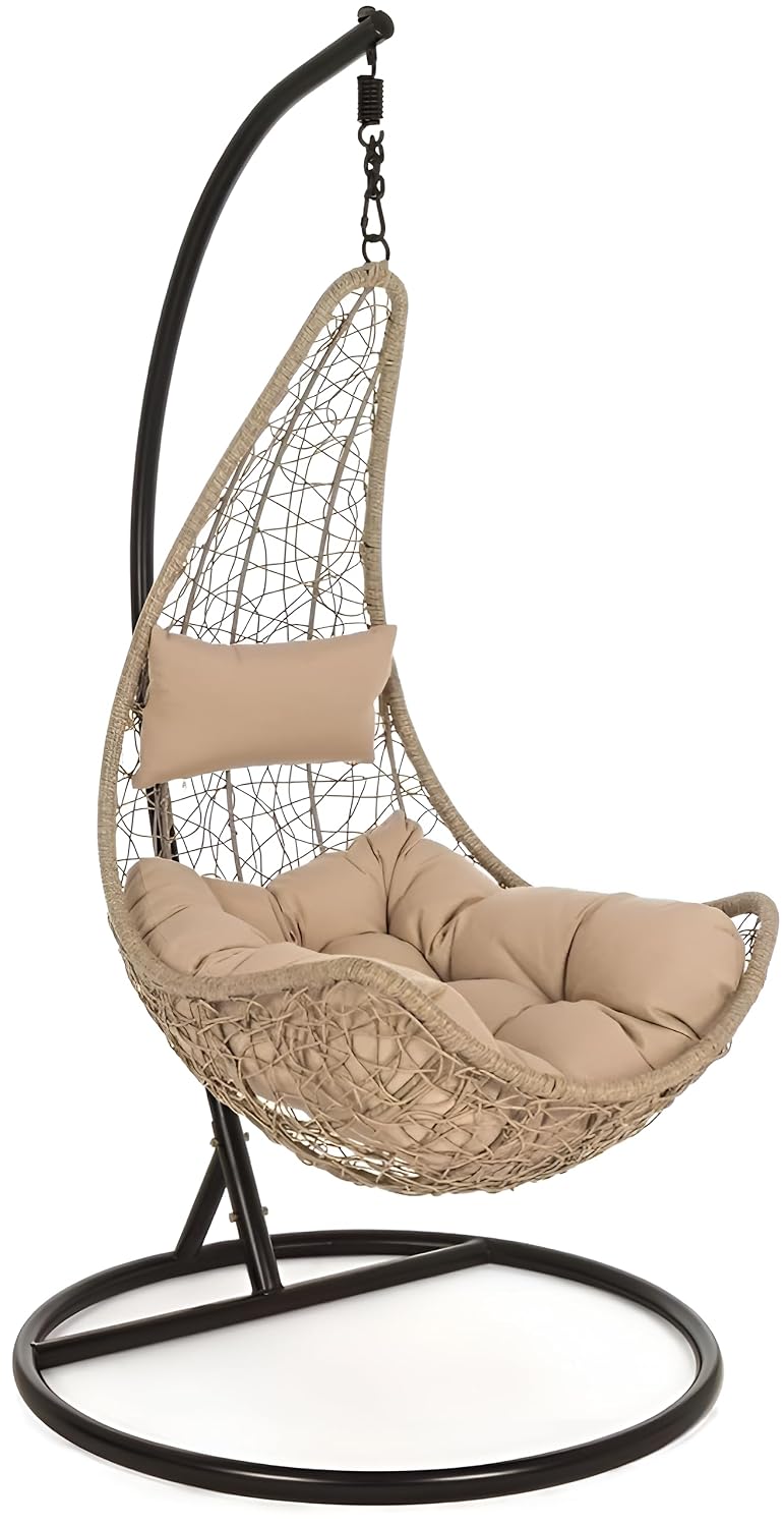 Hindoro Rattan Single Seater Balcony Swing Chair with Stand and Cushion, Beige