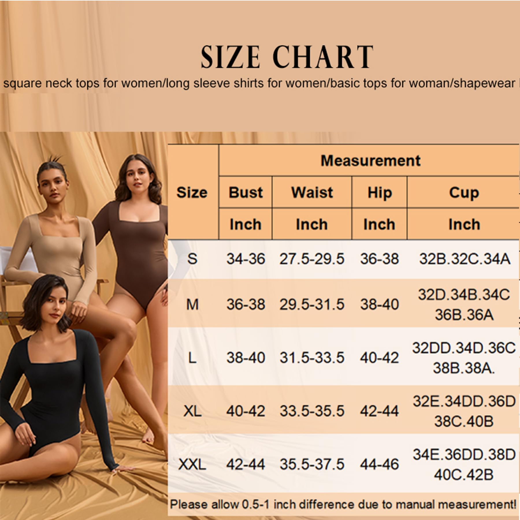 Avidlove Body sexy de manga larga para mujer, cuello cuadrado, doble forro fruncido, cierre a presión