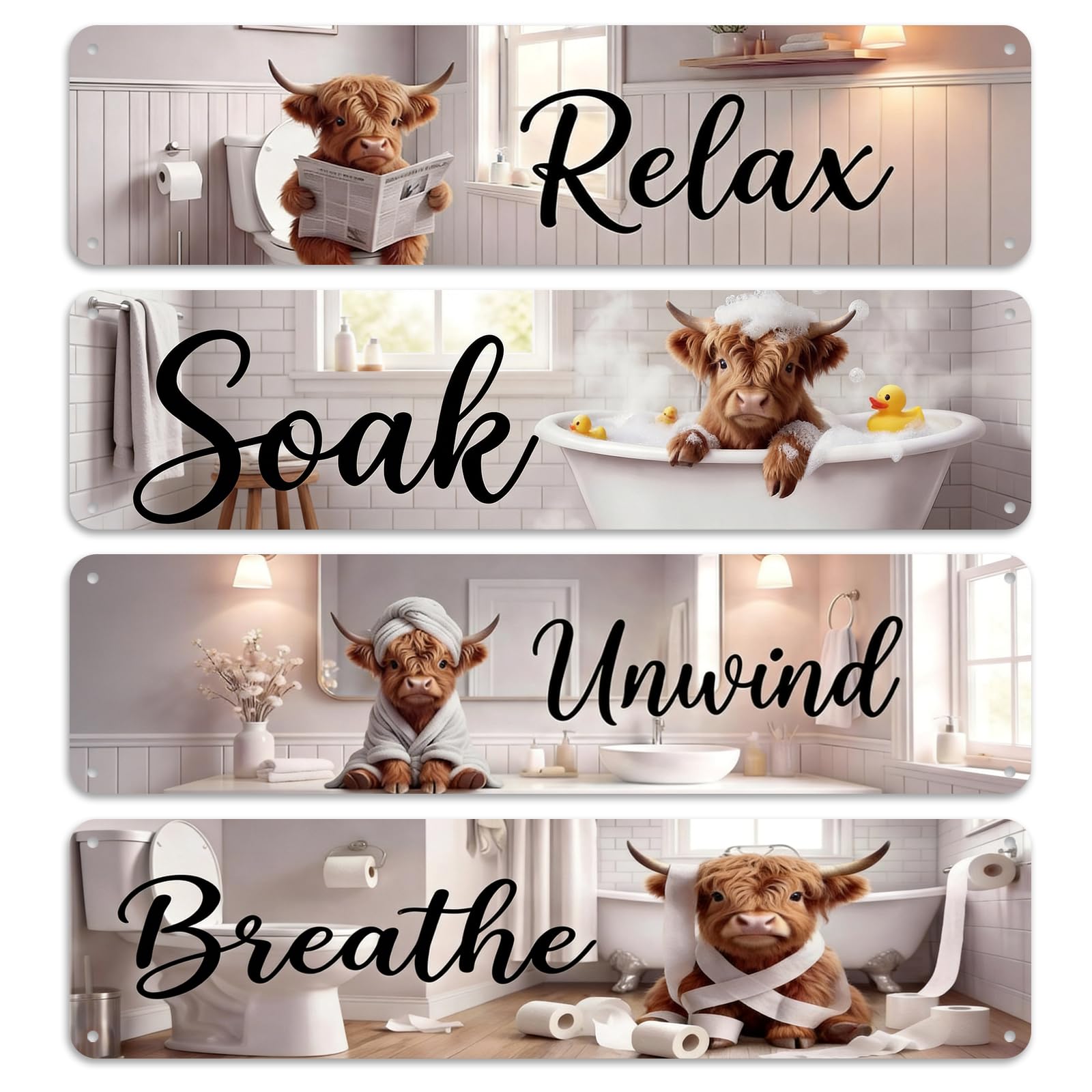 4Pcs Highland Cow Bathroom Tin Signs, Funny Animal Metal Signs, Farmhouse Tin Sign with Relax Soak Unwind Breathe Theme, Rustic Bathroom Pictures for Toilet, Guest Bath Restroom & Powder Room