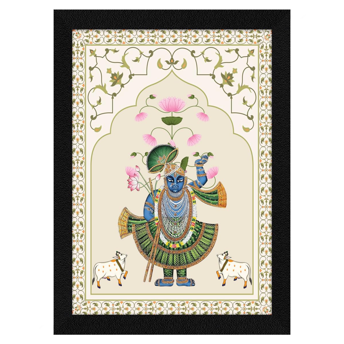 Paper Pichwai Shrinath Ji Cow with Calf Framed Wall Art Painting For Bedroom, Wall Painting For Living Room, 10.0 X 13.0 inches Each, Cream, Set of 1