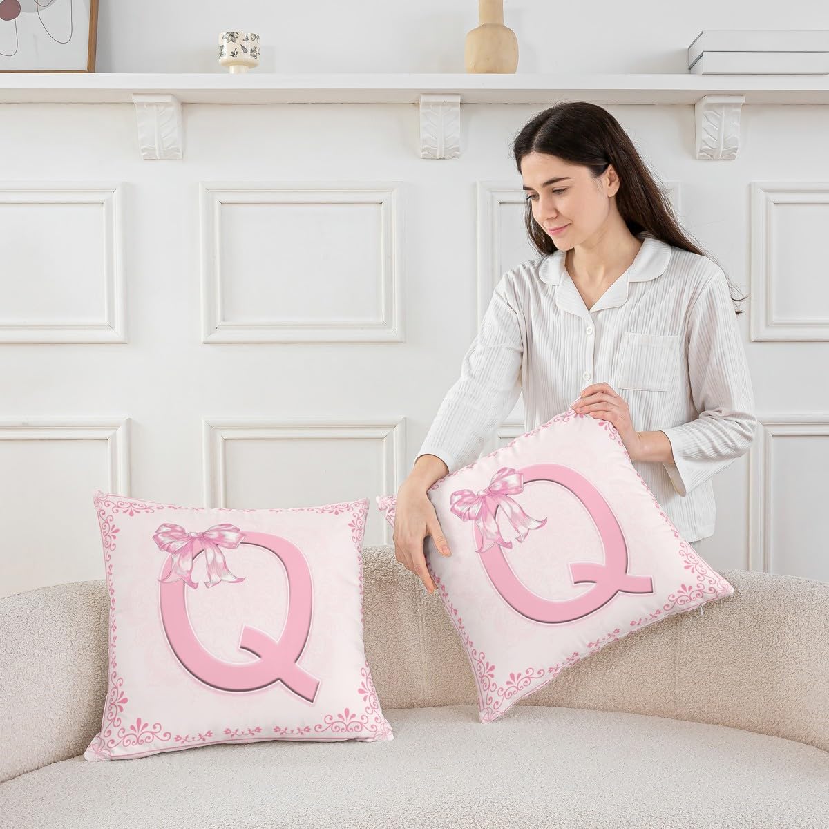 Manfei Pink Letter Q Throw Pillow Cover Princess Bowknot Double Sides Pillow Case for Kids Boys Girls,Watercolor Floral Bow Cushion Cover for Bed Couch Sofa,1 Pack 24"x24"