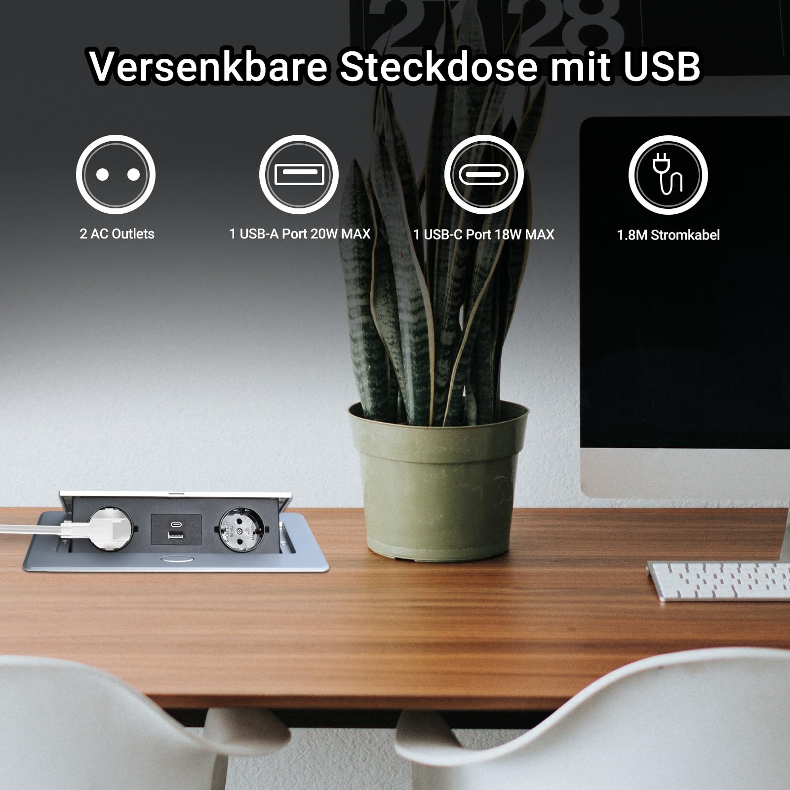 Prise encastrable escamotable avec fonction de charge rapide PD20W USB-C, prise de table pour bureau, plan de travail de cuisine, argent