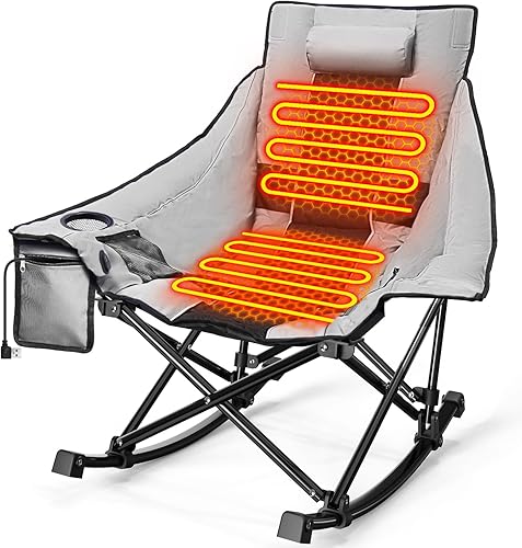 Slendor Silla mecedora con calefacción para acampar con relleno y almohada, 3 ajustes de calor ajustables, silla de campamento plegable portátil de