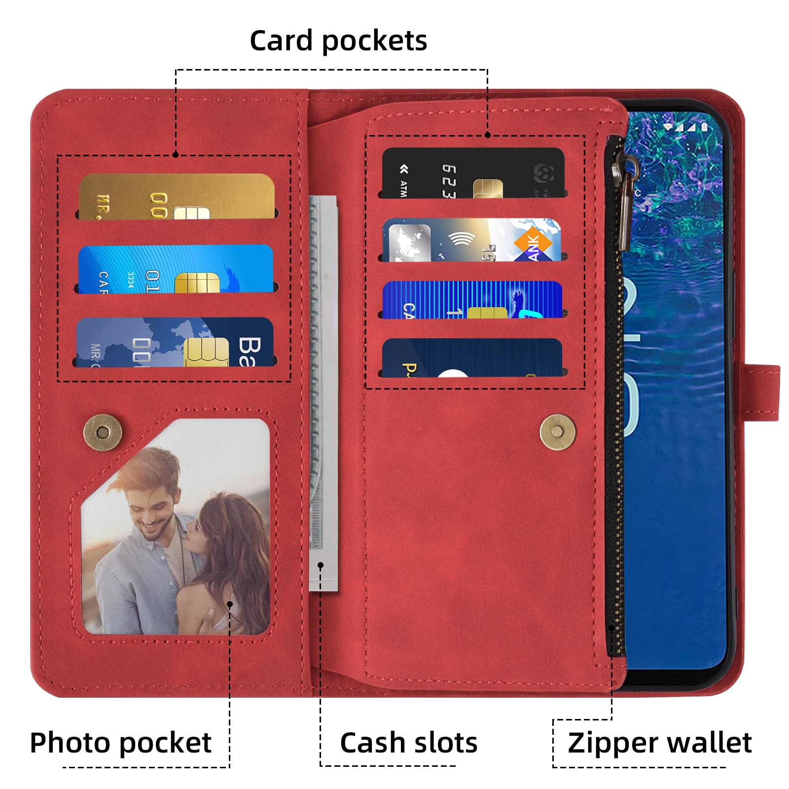 Asuwish Phone Case for Nokia G42 5G / Nokia G310 5G Wallet Cover with Screen Protector and Crossbody Wrist Strap Leather Flip Pattern Zipper Credit Card Holder Stand Cell NokiaG42 NokiaG310 Red