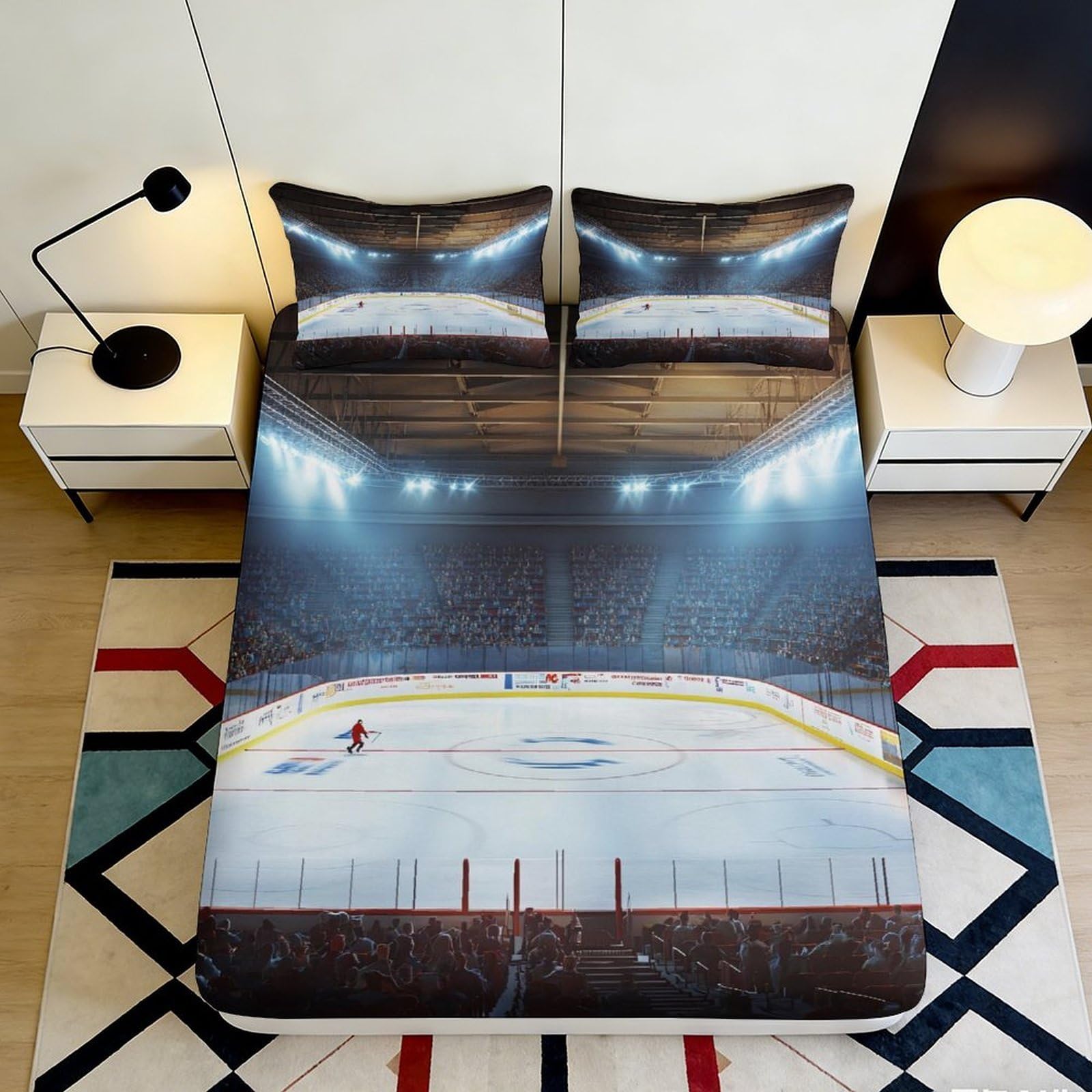 3D Printed Ice Hockey Stadium Fitted Sheet Microfiber Soft Anti-Slip Bed Cover for Bedroom Dorm Mattress Decor 90x200x25cm