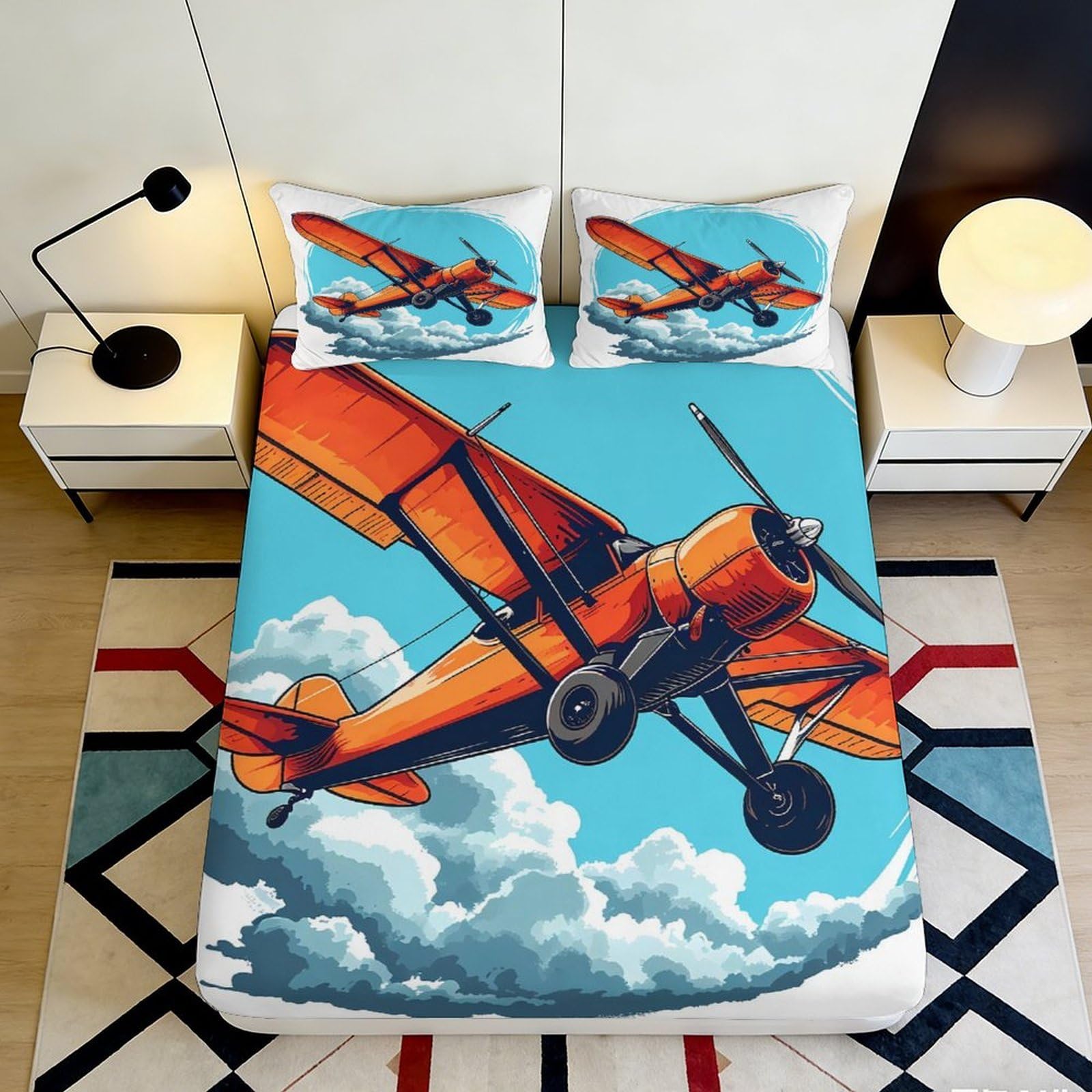 3D Printed Orange Airplane Fitted Sheet Microfiber Soft Bed Cover Blue Sky Clouds for Bedroom Dorm Decor 90x200x25cm