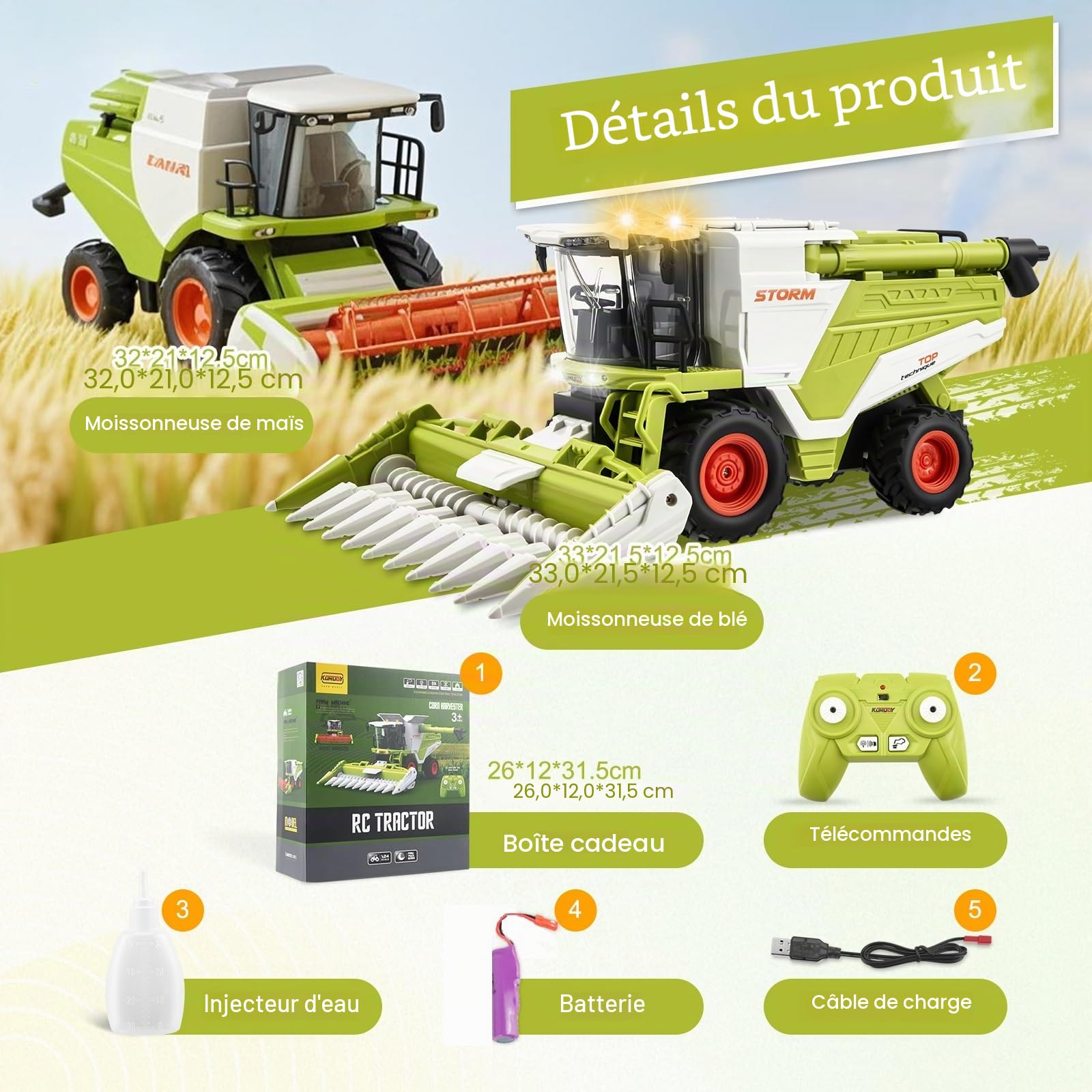 Tracteur Telecommandé Enfant, Moissonneuse-Batteuse Télécommandée avec Lumière et du Son, 2,4 GHz, 1:24, Tracteur Moissonneuse de Ferme, Cadeaux de Fête Maishäcksler pour Enfants 3 4 5 6 Ans