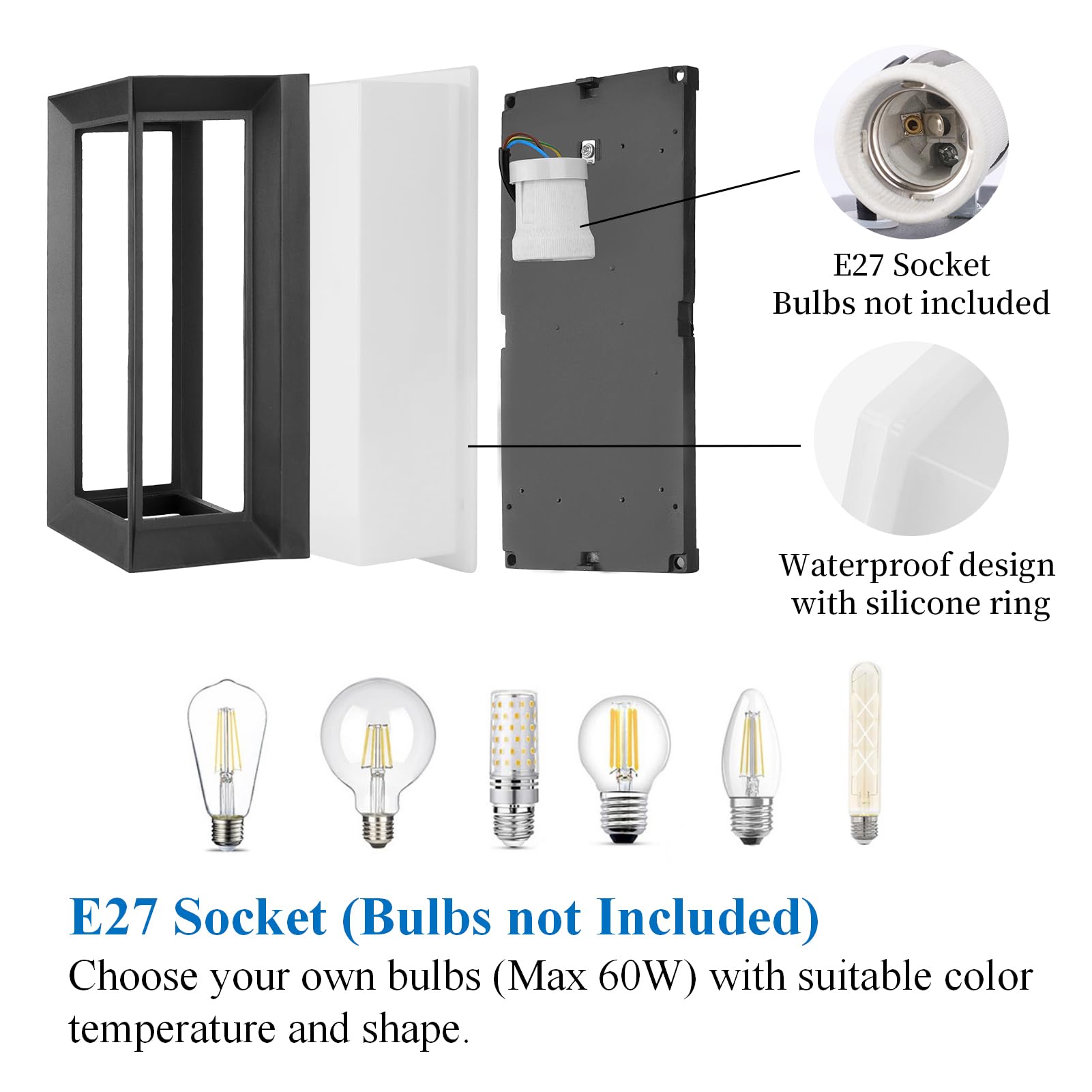 Klighten Apliques de Pared E27 Exterior Interior, Max 60W, IP65 Impermeable Luz de Pared, Moderno Lámpara de Pared para Entrada Terraza Ingresso, PC + Alluminio, Bombilla no Incluida, Negro
